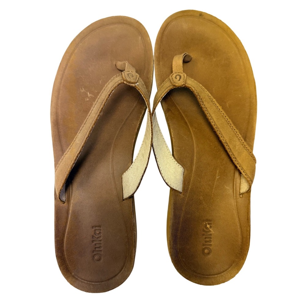 OluKai Southshore Women 11 Leather Flip Flop Sandals Tan Brown 20532-3333